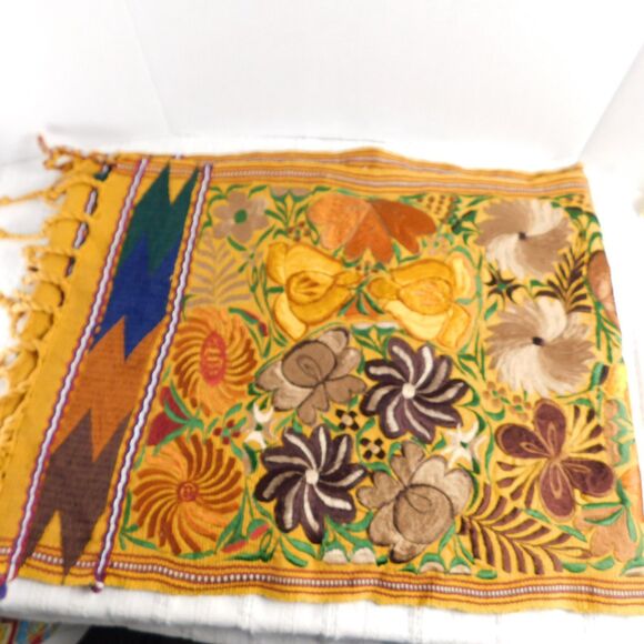 Floral Silk Embroidered Table Runner, Gold Brown Fall Autumn Fringe 90"x17" - Picture 3 of 12